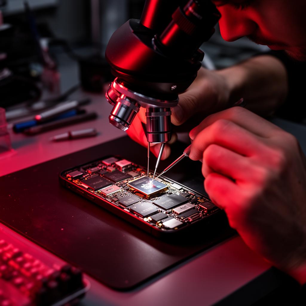 Technician microsoldering a phone PCB under a microscope